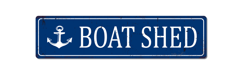 Blue with white text and a rust look metal boat shed sign.