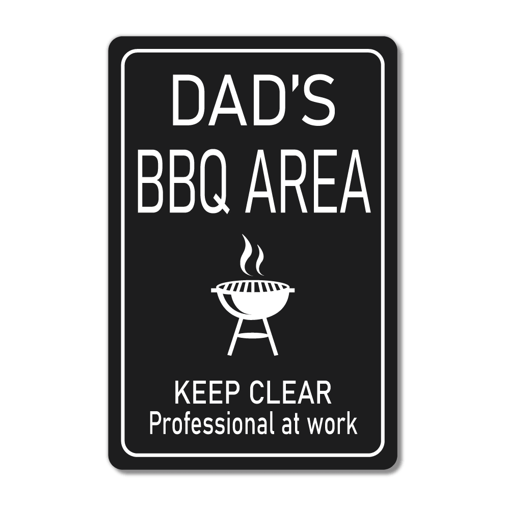 Personalised BBQ Area Metal Sign. Black with white text. text includes Name BBQ area. Keep clear professional at work. with image of BBQ in center of sign. 