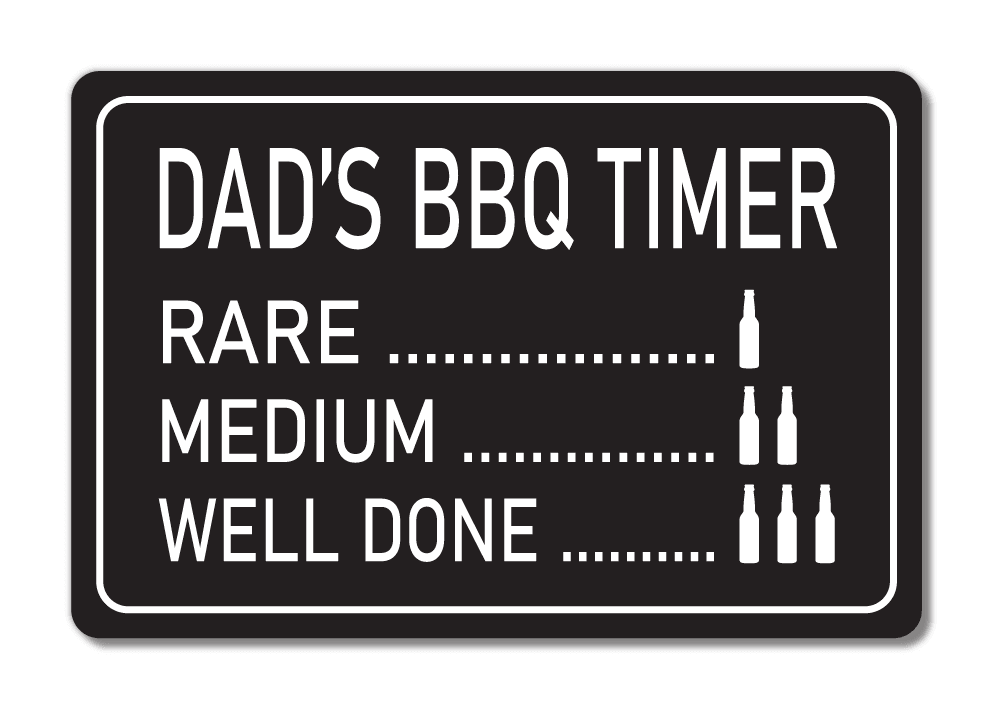 Personalised BBQ Timer Metal Sign. Black with White Text. Rare = 1 beer. Medium = 2 Beers, Well done = 3 beers