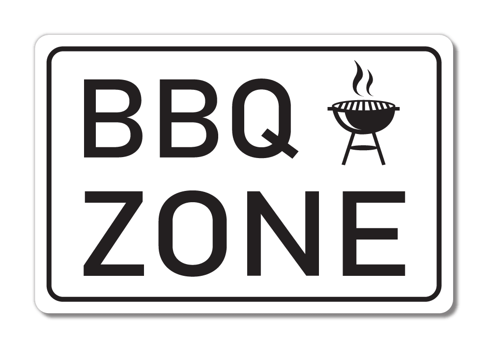 Front View of BBQ zone aluminium sign white with black text