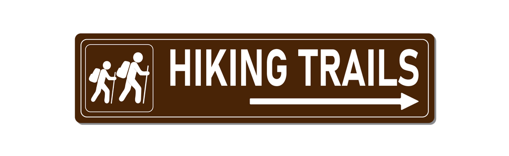 Front view hiking trail aluminium sign. Brown with white Text. 