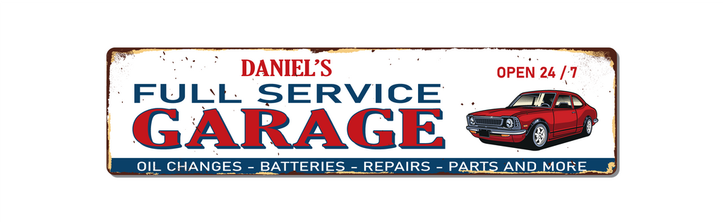 Personalised Full Service Garage Sign - Rust Look - Open 24 / 7