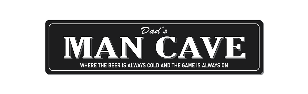 Front view of personalised aluminium name sign. Dad's man cave sign Black with white text