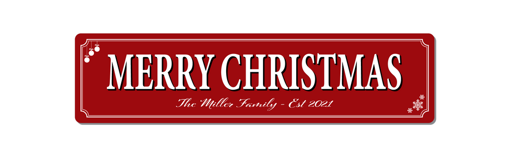 Front View of personalisable aluminium sign.  Family Name  Merry Christmas Sign