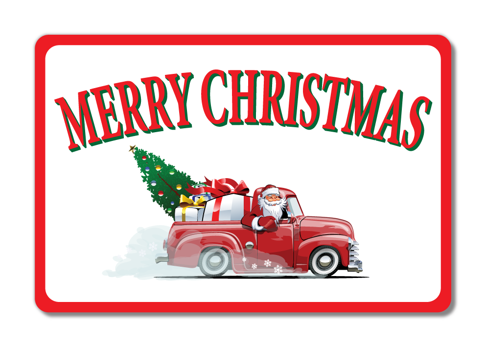 Front View of personalisable aluminium sign.  Merry Christmas Santa Red Car Metal Sign