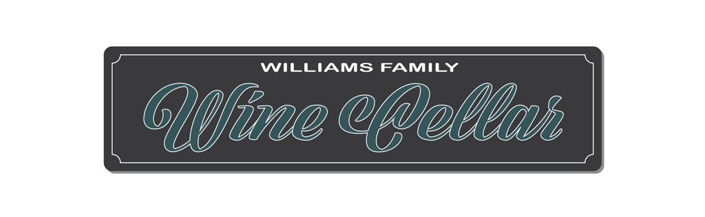 Front view personalised family name aluminium wine cellar sign.