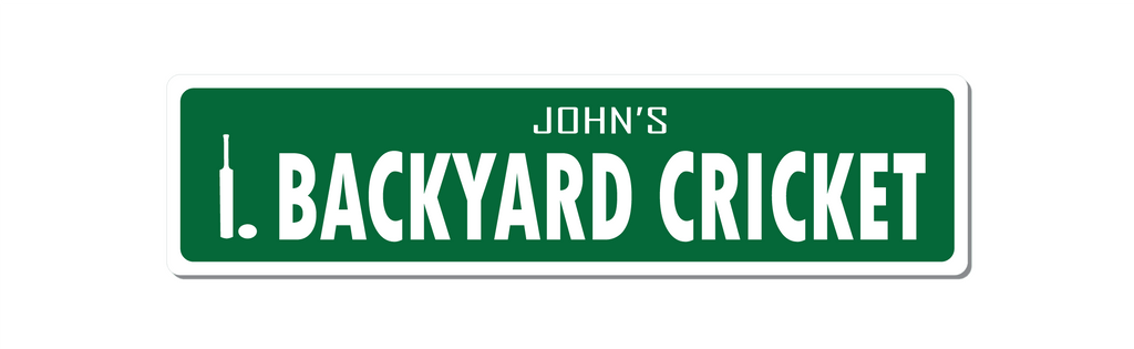 Front view of personalised name aluminium backyard cricket sign. Green with white text