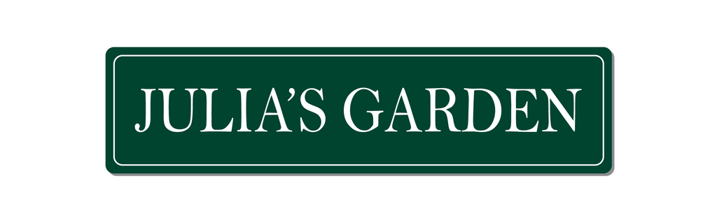 Metal personalised Name Garden sign. Green with white text