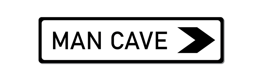 Front View of personalised man cave aluminium sign with arrow. White with black text