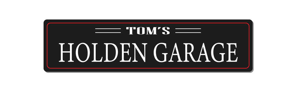 Personalised Name Holden Garage Metal Sign. Black with white text