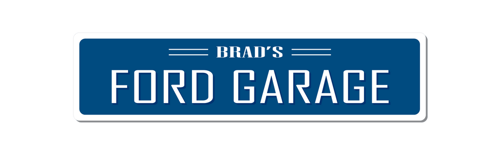 Personalised Name Ford Garage Metal Sign. Blue with white text