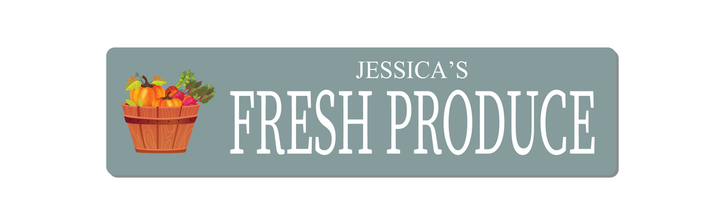 Personalised Name Fresh Produce Sign. Light blue with white text