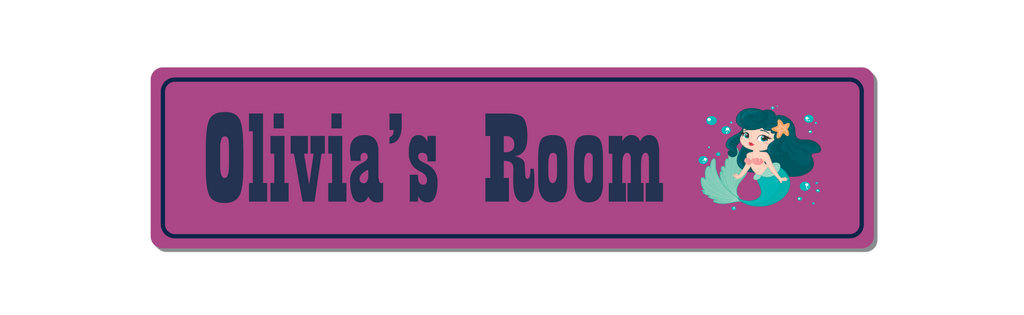 Front view of personalised kids room aluminium sign. Purple with navy blue text. Mermaid image on right of sign